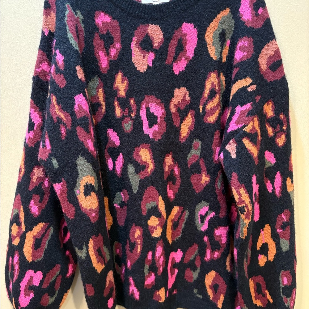 Entro Pink and Orange Crew Neck Sweater with Leopard Print NWOT